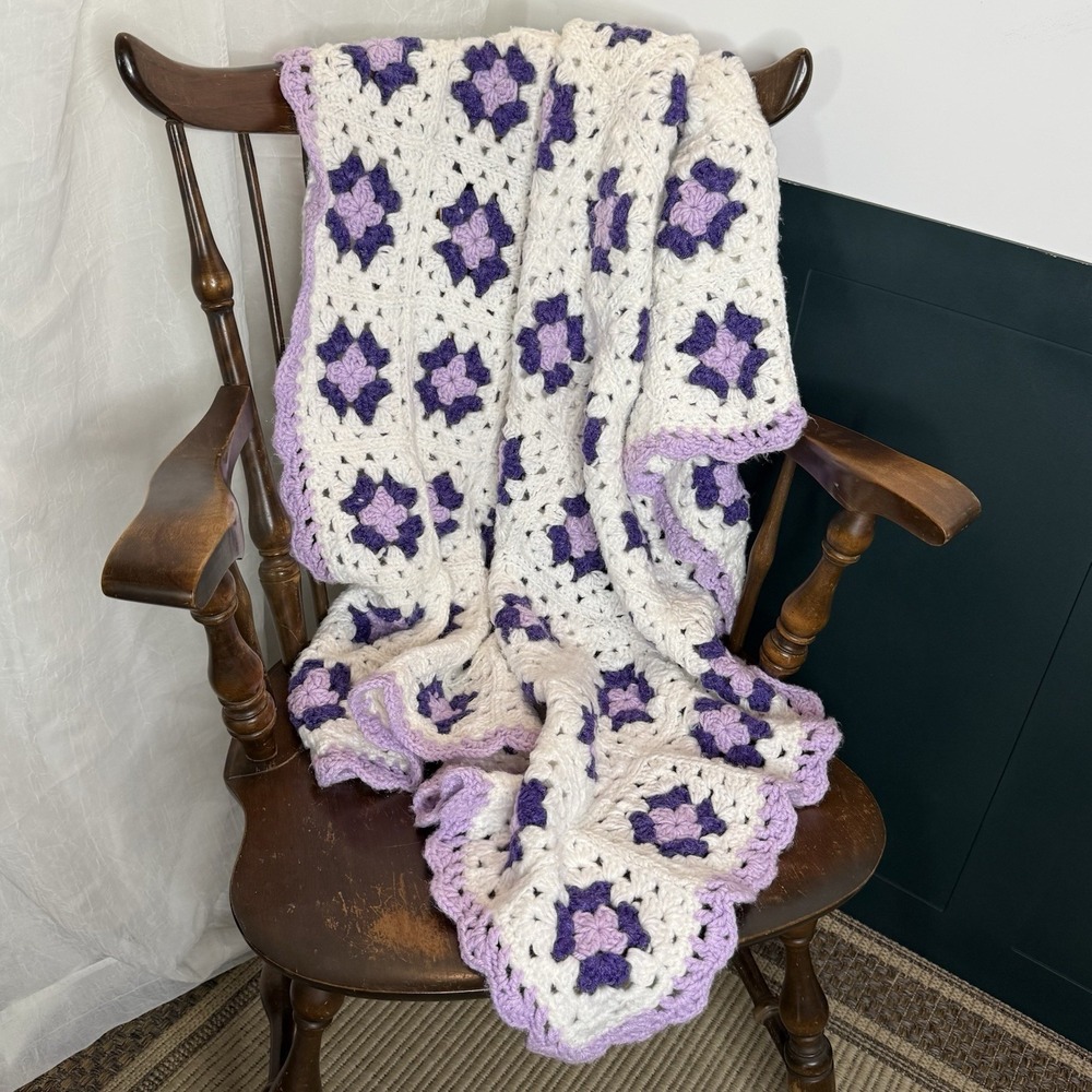 Vintage Handmade Crochet Afghan Floral Granny Square Purple Ruffle Blanket 36x59